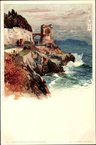 Künstler Litho Wielandt, Manuel, Nervi Ligurien, Küstenpartie, Promenade, Turm