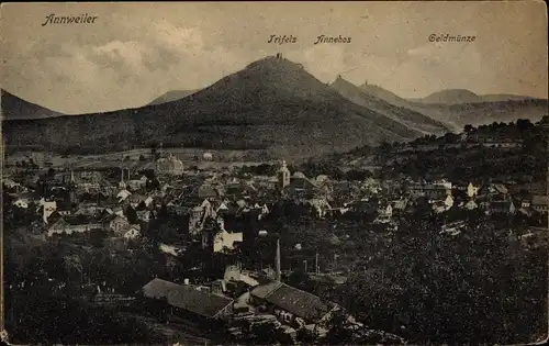 Ak Annweiler im Kreis Südliche Weinstraße, Panorama mit Trifels, Annebos und Geldmünze