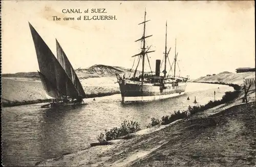 Ak Ägypten, Canal of Suez, the curve of El Guersh, Suezkanal, Segelboot, Dampfschiff
