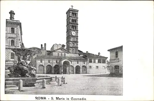 Ak Roma Rom Lazio, S. Maria in Cosmedin, Blick über einen Platz zur Kirche, Brunnen