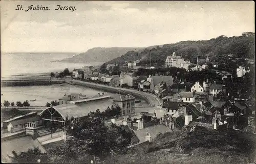 Ak St. Aubins Jersey Kanalinseln, Blick über den Ort, Küstenpartie