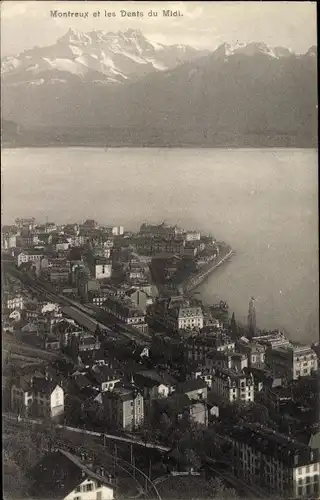 Ak Montreux Kt. Waadt Schweiz, Vue sur la ville et les Dents du Midi