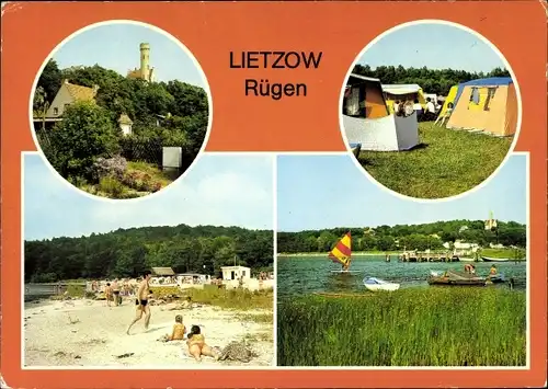 Ak Lietzow Insel Rügen in der Ostsee, Teilansicht, Zeltplatz, Strand am Bodden, Anlegestelle