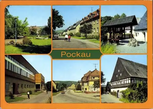 Ak Pockau, Kurpark Max Roscher, Strassenansicht, Ölstampfwerk, Ölmühle, Denkmal, Meßtreff