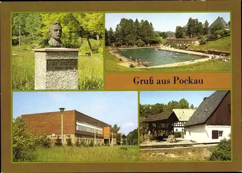 Ak Pockau Lengefeld in Sachsen, Büste Max Roscher, Freibad, Gaststätte Meßtreff, Schauölmühle