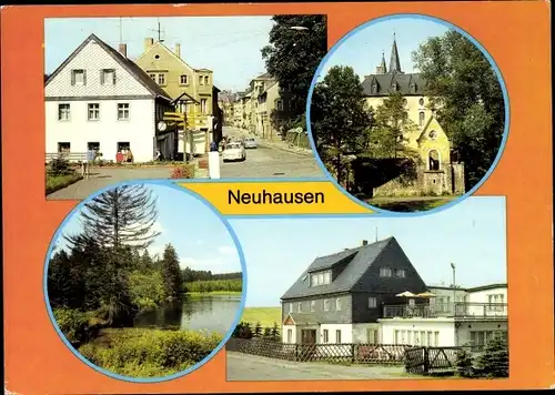 Ak Neuhausen im Kreis Mittelsachsen, Bahnhofstraße, Schloss Purschenstein, Ferienheim Dachsbaude