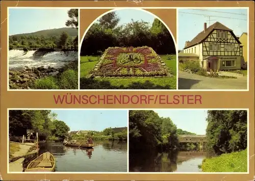 Ak Wünschendorf Kreis Gera in Thüringen, Elsterwehr, Blumenuhr, Sportlerclub, Gondelstation, Brücke