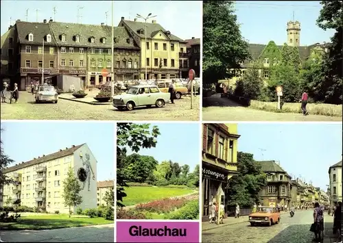 Ak Glauchau an der Zwickauer Mulde in Sachsen, Schloss, Straße der Jugend, Rosarium, Trabant