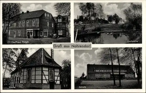 Ak Nahrendorf Lüneburger Heide, Kaufhaus Porsch, Dorfpartie, Kirche, Schule
