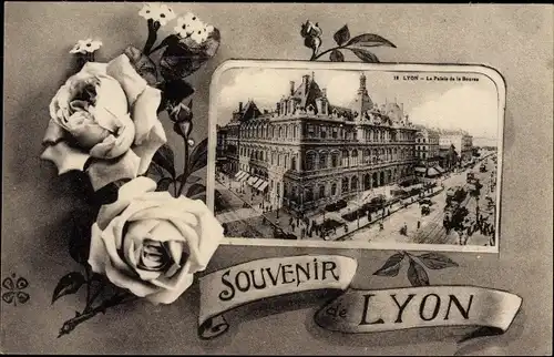 Passepartout Ak Lyon Rhône, Le Palais de la Bourse, Rosen, Straßenbahnen