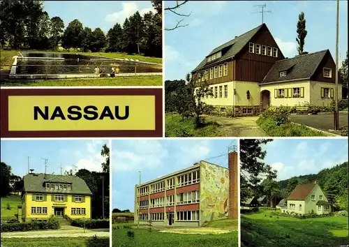Ak Nassau Frauenstein im Erzgebirge, Freibad, Polytechnische Oberschule, Kinderkrippe, Gemeinderat
