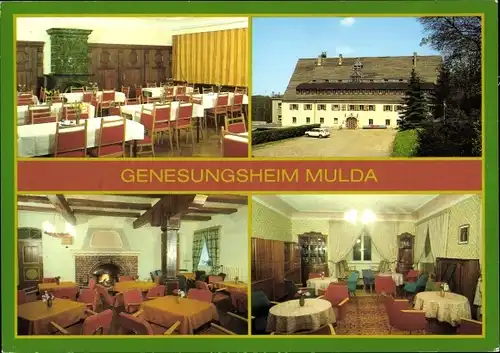 Ak Mulda Mittelsachsen, Genesungsheim, Innenansichten, Kamin, Kachelofen, Lesezimmer