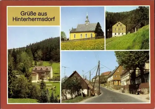 Ak Hinterhermsdorf Sebnitz, Blick zur Obermühle, Kirche, Niedermühle, Teilansicht