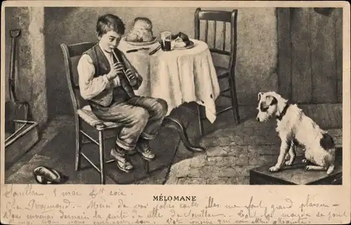 Künstler Ak Mélomane, Junge am Esstisch spielt auf der Flöte, Terrier