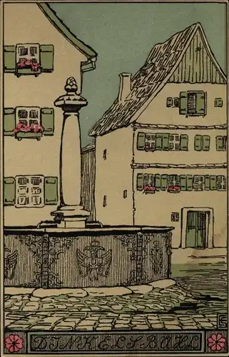 Künstler Ak Dinkelsbühl im Kreis Ansbach Mittelfranken, Blick auf einen Brunnen