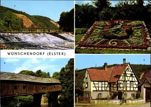 Ak Wünschendorf an der Elster, Elsterwehr, Blumenuhr, Holzbrücke, Cronschwitz, Fachwerkhaus