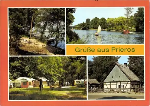 Ak Prieros Heidesee in der Mark, Campingplatz D 66 am Hutschesee, D 64 am Schmöldesee, Heimathaus