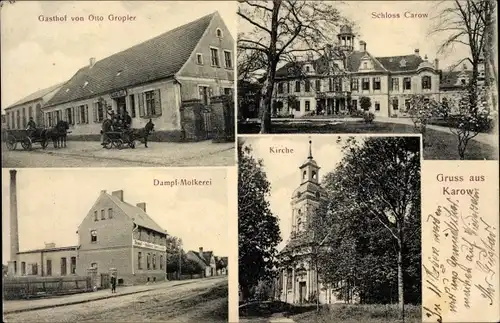 Ak Karow Jerichow Sachsen Anhalt, Schloss Carow, Dampfmolkerei, Gasthof von Otto Gropler, Kirche