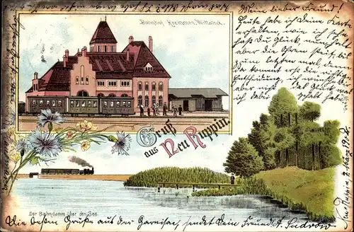 Litho Neuruppin in Brandenburg, Bahnhof Kremmen Wittstock, Eisenbahn in der Landschaft