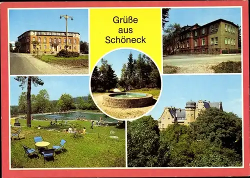 Ak Schöneck im Vogtland Sachsen, HO Hotel Schönecker Hof, Kinderkurheim, Freibad Haselmühle, Rathaus