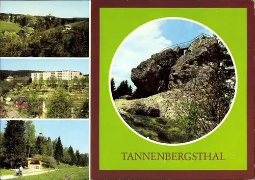 Ak Tannenbergsthal Muldenhammer im Vogtland, Springbrunnen, Schneckenstein, Teilansicht, Plattenbau