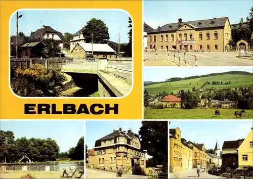 Ak Erlbach im Vogtland Sachsen, Schwarzbach, Gasthof, Freibad in Markneukirchen, Rat der Gemeinde