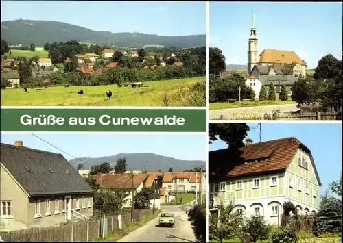 Ak Cunewalde im Kreis Bautzen, Czorneboh, Kirche, Neudorfstraße, Umgebindehaus, Wartburg