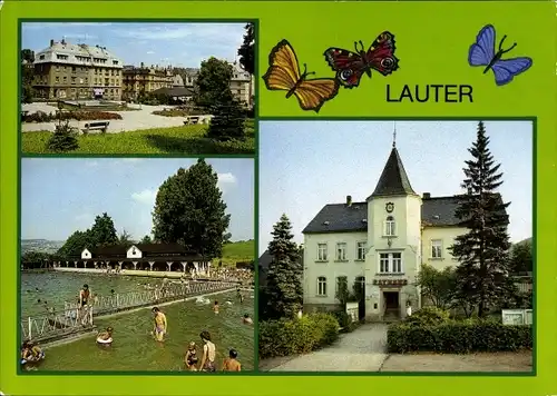 Ak Lauter Bernsbach im Erzgebirge Sachsen, Rathaus, Freibad, Markt, Schmetterlinge 