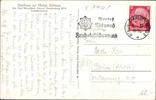 Ak Malz Oranienburg im Kreis Oberhavel, Gasthaus zur Malzer Schleuse, Inh. Paul Rönnebeck