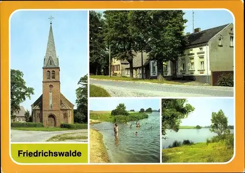 Ak Friedrichswalde Landkreis Barnim, Kirche, Teilansicht, Badestelle, Großer Prüßnicksee