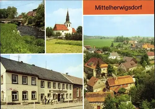 Ak Mittelherwigsdorf Oberlausitz, Partie an der Mandau, Kirche, Kulturhaus