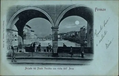 Mondschein Ak Firenze Florenz Toscana, Arcade del Ponte Vecchio con vista dell' Arno