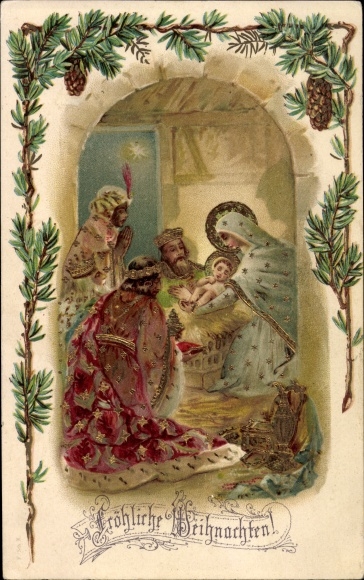 Litho Frohe Weihnachten Heilige Familie Krippenszene