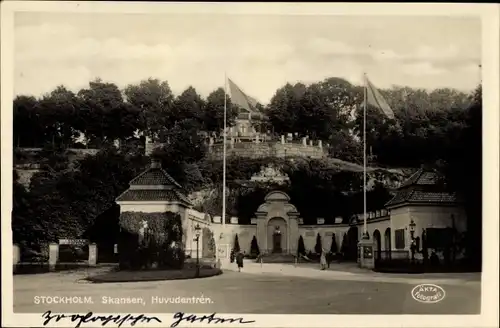 Ak Stockholm Schweden, Skansen, Huvudentren, Haupteingang zum Freilichtmuseum