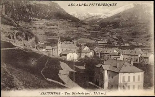 Ak Jaussiers Alpes de Haute Provence, Gesamtansicht des Ortes, Kirche