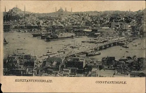 Ak Konstantinopel Istanbul Türkei, Totalansicht der Stadt, Brücke
