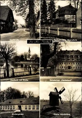 Ak See Niesky in der Oberlausitz, Dorfstraße, Polytechnische Oberschule, Sanatorium, Windmühle