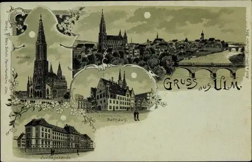 Mondschein Litho Ulm an der Donau, Münster, Rathaus, Justizgebäude, Stadtpanorama
