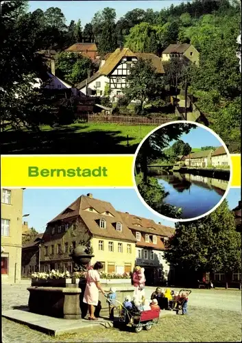 Ak Bernstadt auf dem Eigen, Teilansicht vom Ort, Flusspartie, Marktplatz mit Kindergartengruppe