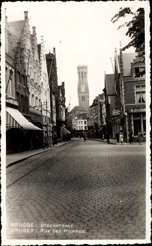 Ak Bruges Brügge Flandern Westflandern, Steenstraat, Rue des Pierres, Geschäfte, Kunsthandel, Turm