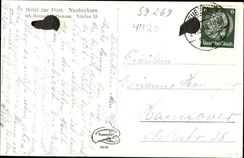 Ak Neubeckum Beckum im Kreis Warendorf, Blick auf das Hotel zu Post, Inh. B. Hüttemann