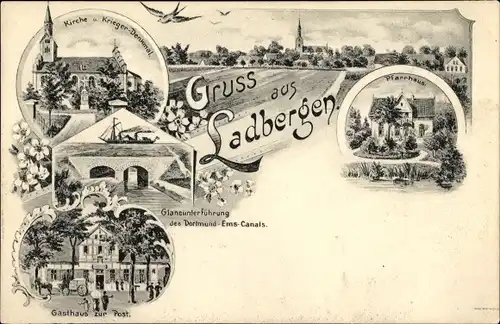 Litho Ladbergen in Nordrhein Westfalen, Kirche, Kriegerdenkmal, Gasthaus zur Post, Pfarrhaus