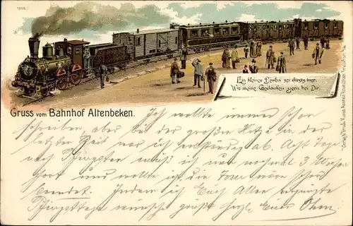 Litho Altenbeken in Nordrhein Westfalen, Eisenbahn mit Dampflokomotive im Bahnhof, Passagiere