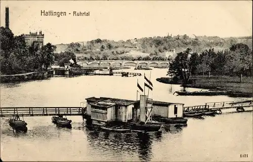 Ak Hattingen im Ennepe Ruhr Kreis, Flusspartie im Ruhrtal, Schiffsbrücke, Badeanstalt