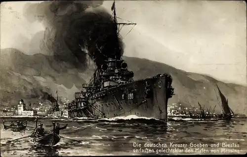Künstler Ak Deutsches Kriegsschiff, SMS Goeben, SMS Breslau, Hafen von Messina