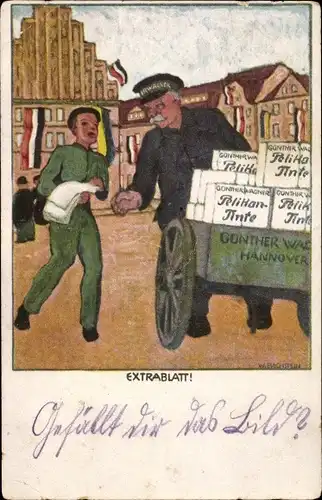Künstler Ak Bechstein, W., Extrablatt, Pelikan Tinte, Zeitungsverkäufer, Günther Wagner Hannover