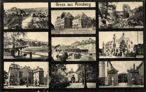 Ak Arnsberg im Hochsauerlandkreis, Hirschberger Tor, Schlossruine, Kreishaus, Lehrerseminar, Post