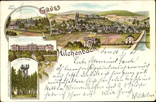 Litho Hilchenbach im Kreis Siegen Wittgenstein, Stift Keppel, Seminar, Giller Turm, Panorama