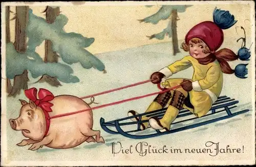 Ak Glückwunsch Neujahr, Mädchen auf einem Schlitten, von einem Schwein gezogen