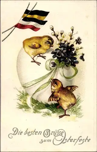 Präge Litho Glückwunsch Ostern, Osterei und zwei Küken, Veilchenblüten, Weidenkätzchenzweige